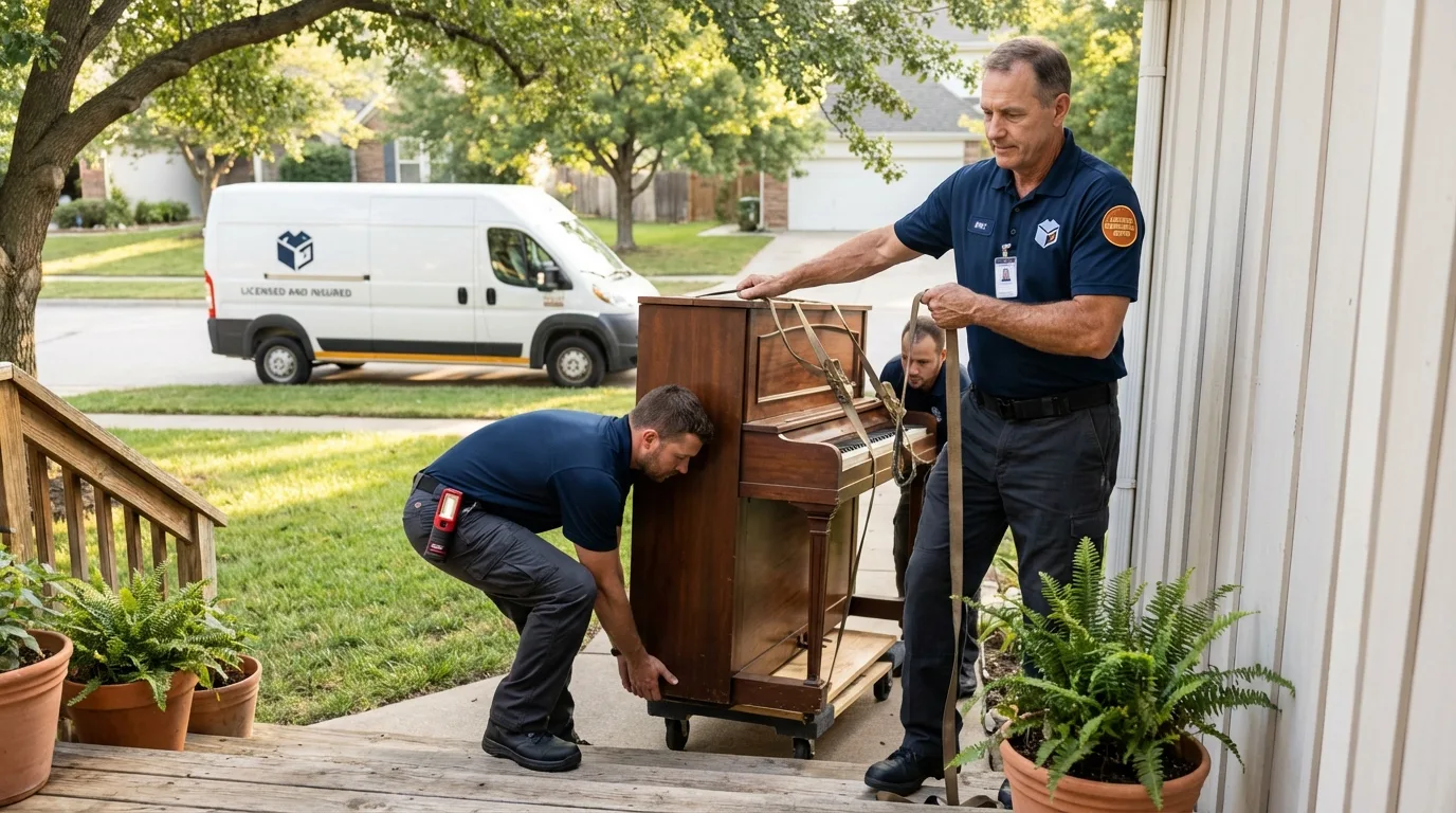 Licensed piano movers securing grand piano in Harkers Island, NC