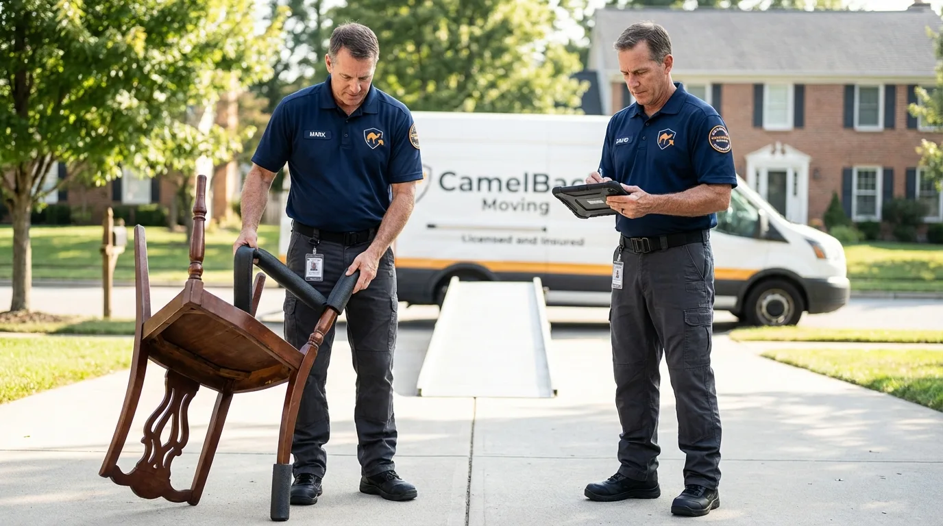 Movers inspecting furniture for damage prevention before loading in Harkers Island, NC