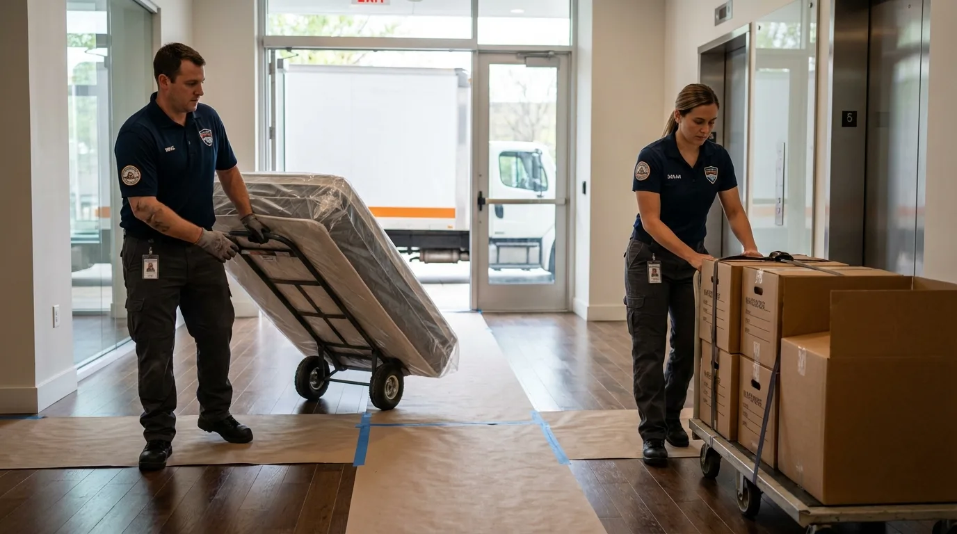 Professional apartment movers loading elevator in Harkers Island, NC