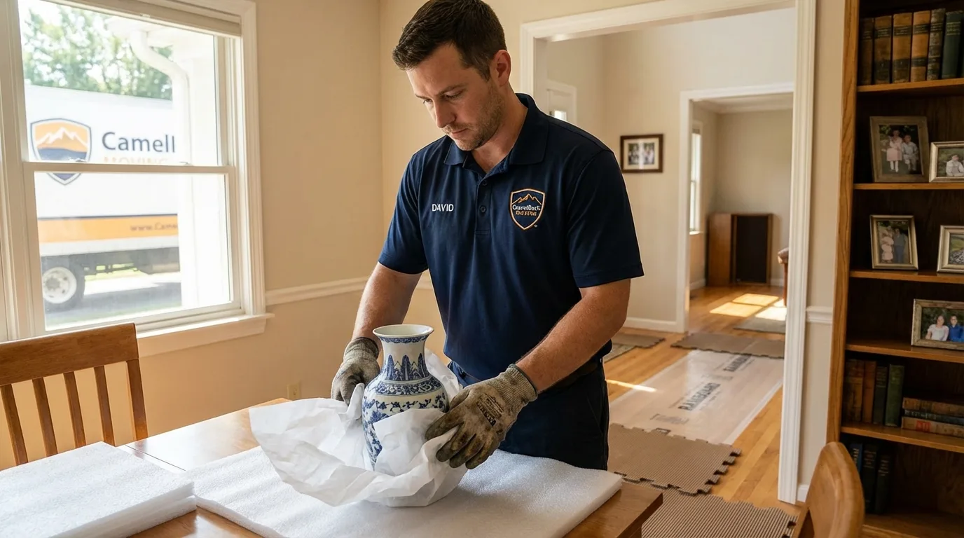 Professional crew carefully wrapping antique vase for senior downsizing move in Harkers Island, NC